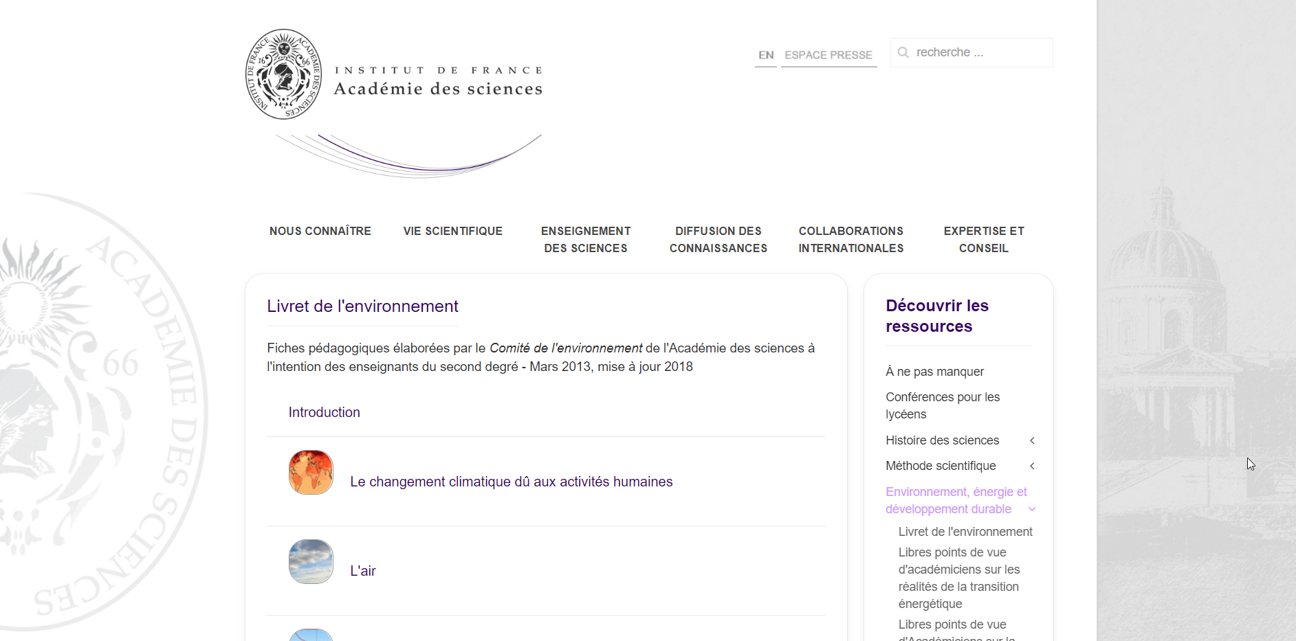 Fiches pédagogiques sur l'environnement de l'académie de Sciences