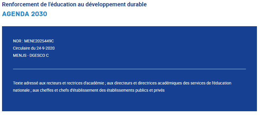 Circulaire « Renforcement de l'éducation au développement durable - Agenda 2030 »