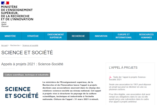 Appel à projets Science et Société 2021