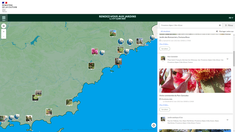 Carte interactive des évènements Rendez-vous aux jardins 2023