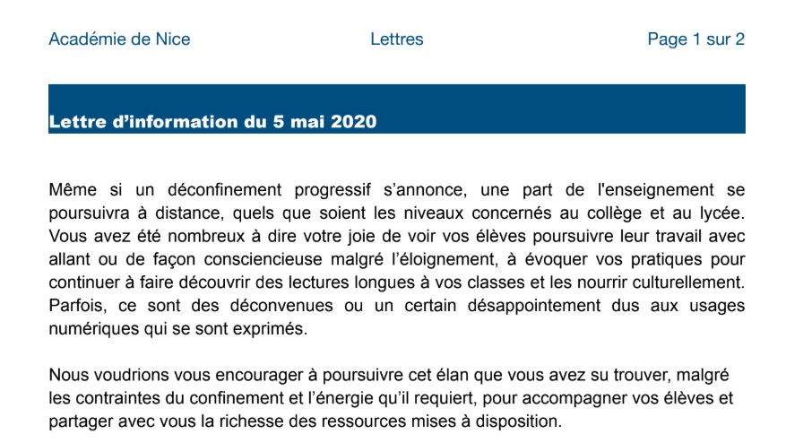 Lettre d’information Lettres mai 2020