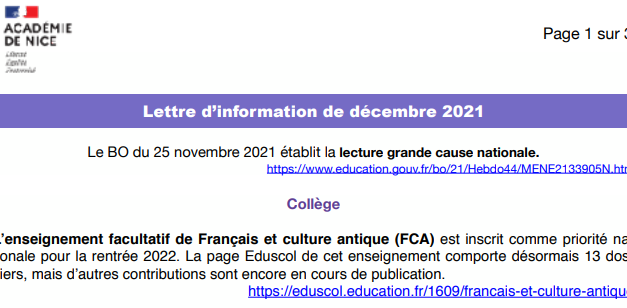 Lettre d’information des professeurs de Lettres – Décembre 2021