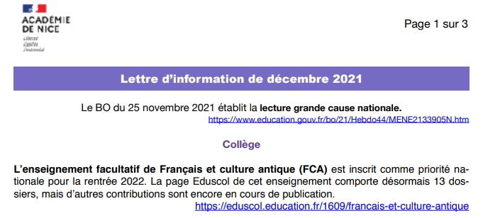 Lettre d’information des professeurs de Lettres – Décembre 2021