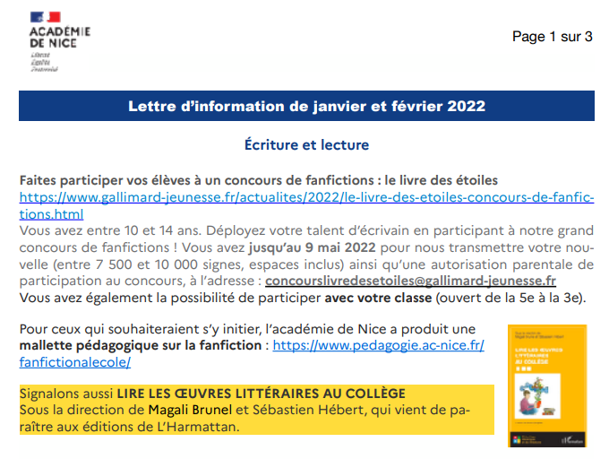 Lettre d’information en Lettres -janvier et février 2022-