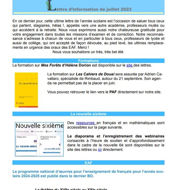 Lettre d’information Juillet 2023