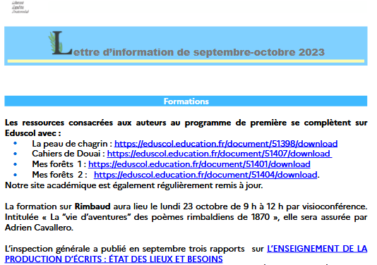 Lettre d’information – septembre 2023 –