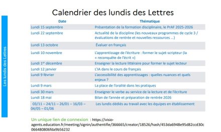 Calendrier des lundis des lettres