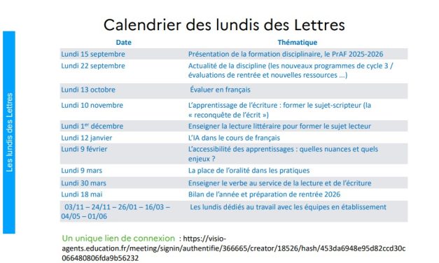 Calendrier des lundis des lettres