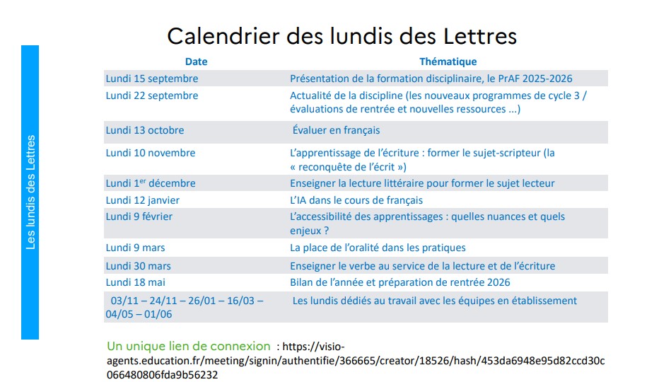 Calendrier des lundis des lettres
