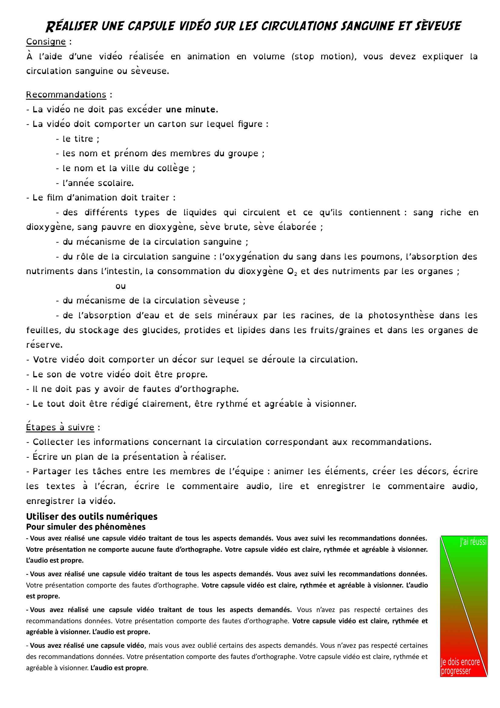 Fiche de consignes pour la réalisation d'une capsule vidéo sur les circulations sanguine et sèveuse