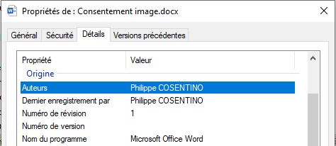 Capture d'écran des "propriétés" d'un fichier créé par Word