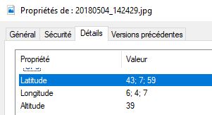 Coordonnées de prise de vue dans les métadonnées EXIF d'une photographie