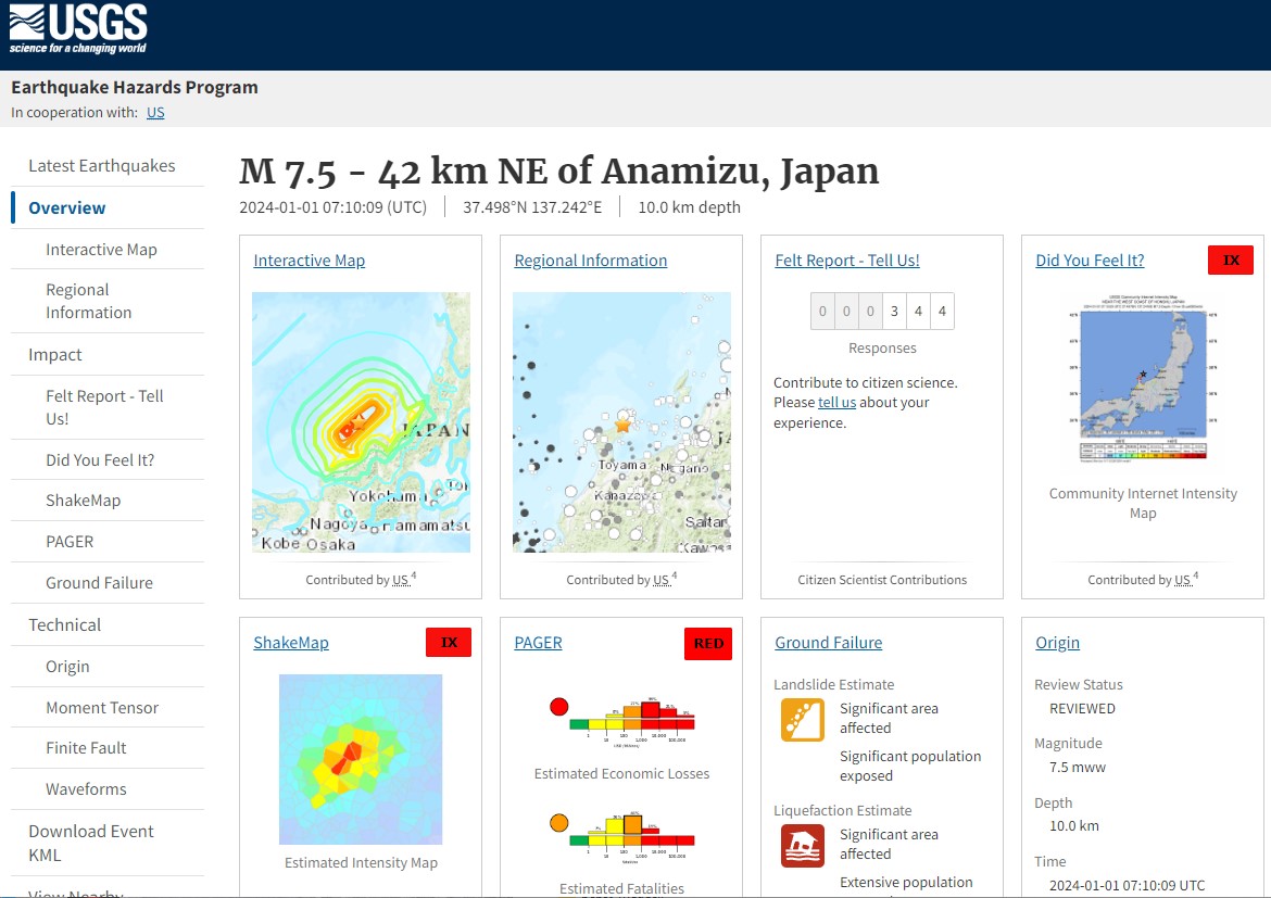 Capture d'écran du site de l'USGS