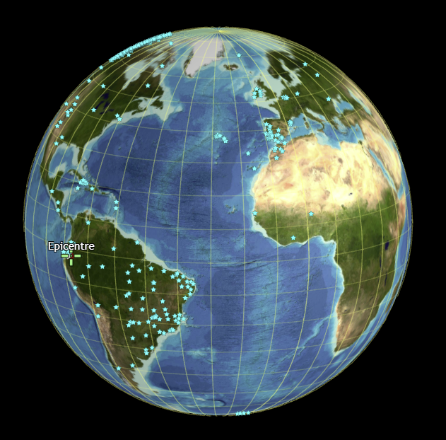 Répartition des stations ayant enregistré des ondes S "directes".
