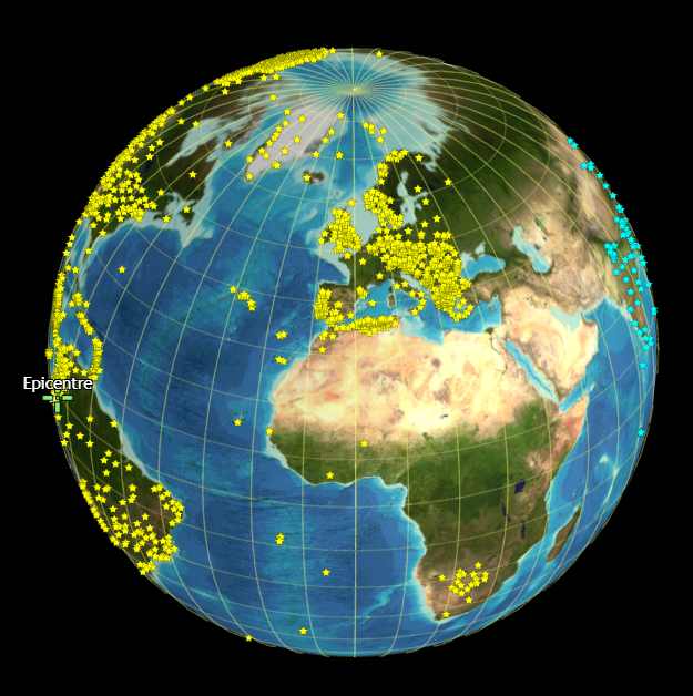 Répartition des stations ayant enregistré des ondes P "directes" (en jaune) et "réfractées" (en cyan).