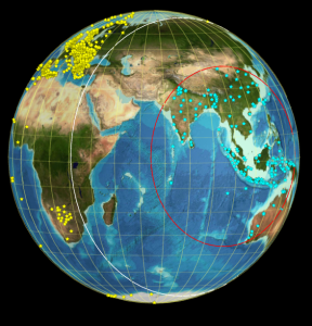 Mise en évidence de la zone d'ombre des ondes P à l'aide de 2 cercles de distances.
